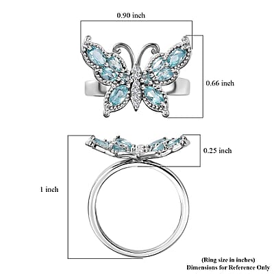 Betroka Blue Apatite and White Zircon Butterfly Ring in Rhodium Over Sterling Silver (Size 10.0) 1.25 ctw