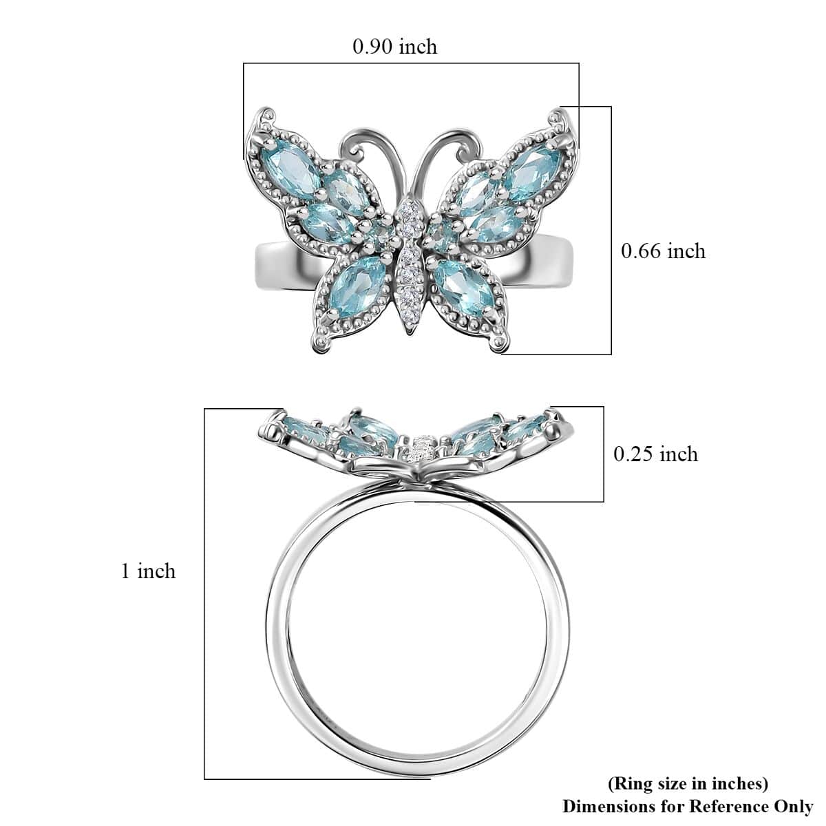Betroka Blue Apatite and White Zircon Butterfly Ring in Rhodium Over Sterling Silver (Size 5.0) 1.25 ctw image number 5