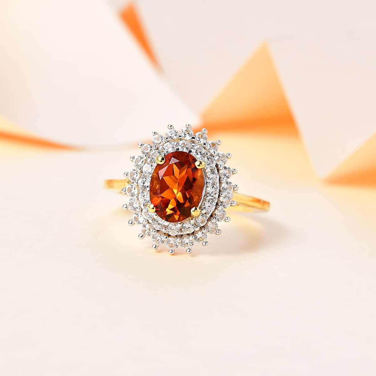 Brazilian Cherry Citrine, White Zircon Double Halo Ring in Vermeil YG Over Sterling Silver (Size 10.0) 2.00 ctw image number 1