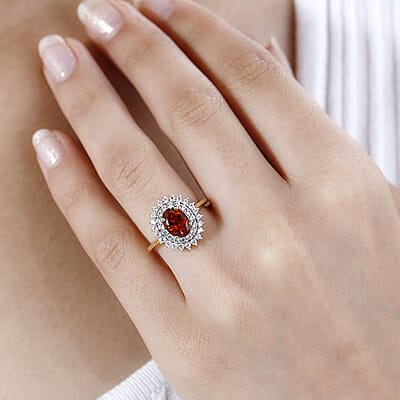 Brazilian Cherry Citrine and White Zircon Double Halo Ring in Vermeil Yellow Gold Over Sterling Silver (Size 10.0) 2.00 ctw