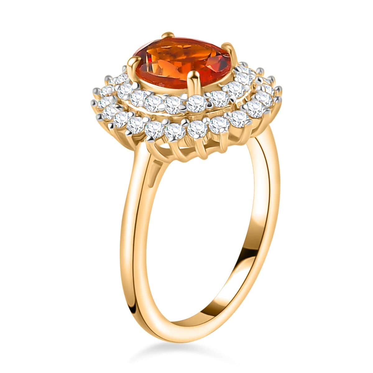 Brazilian Cherry Citrine and White Zircon Double Halo Ring in Vermeil Yellow Gold Over Sterling Silver (Size 10.0) 2.00 ctw image number 3