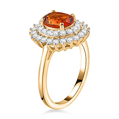 Brazilian Cherry Citrine and White Zircon Double Halo Ring in Vermeil Yellow Gold Over Sterling Silver (Size 10.0) 2.00 ctw