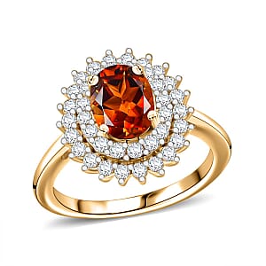 Brazilian Cherry Citrine and White Zircon Double Halo Ring in Vermeil Yellow Gold Over Sterling Silver (Size 7.0) 2.00 ctw