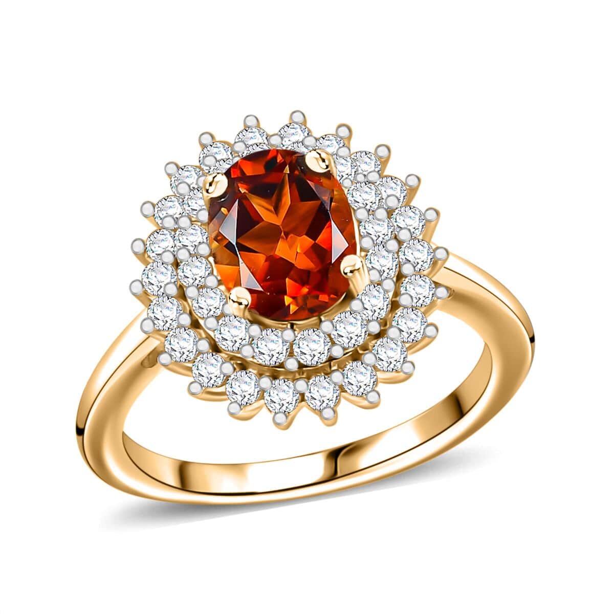 Brazilian Cherry Citrine and White Zircon Double Halo Ring in Vermeil Yellow Gold Over Sterling Silver (Size 9.0) 2.00 ctw image number 0