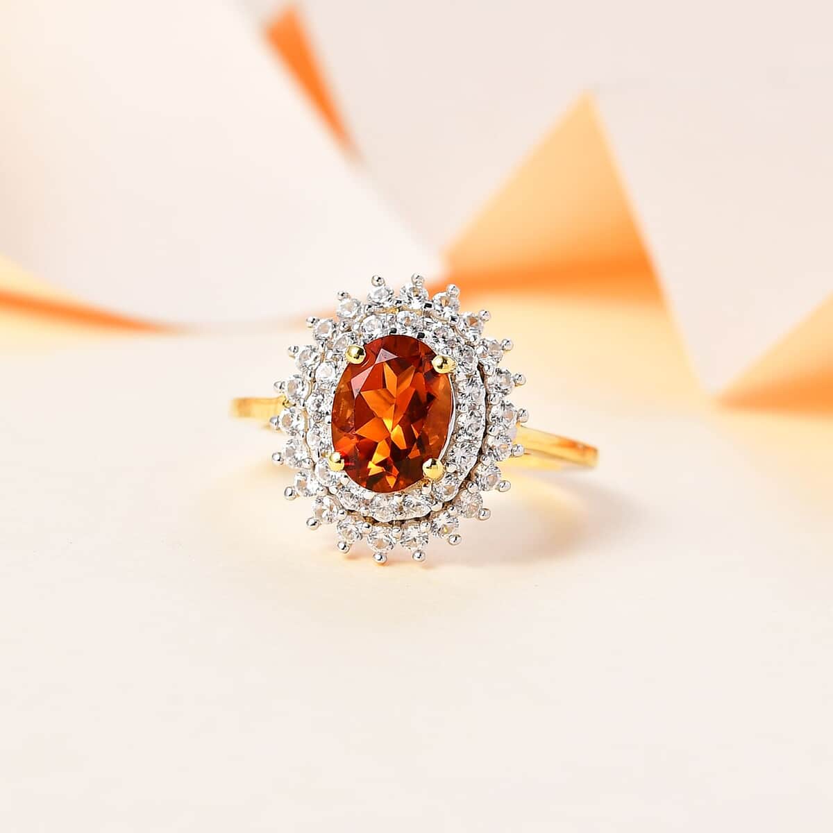 Brazilian Cherry Citrine and White Zircon Double Halo Ring in Vermeil Yellow Gold Over Sterling Silver (Size 9.0) 2.00 ctw image number 1