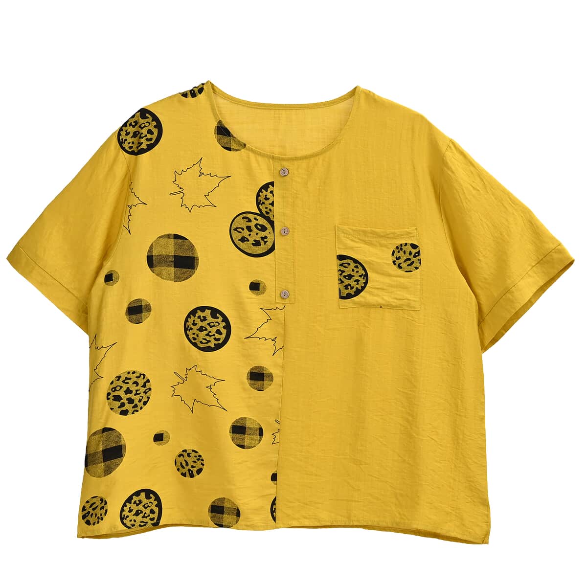 Yellow Square Pattern Round Neck Top - One Size Fits Most image number 0