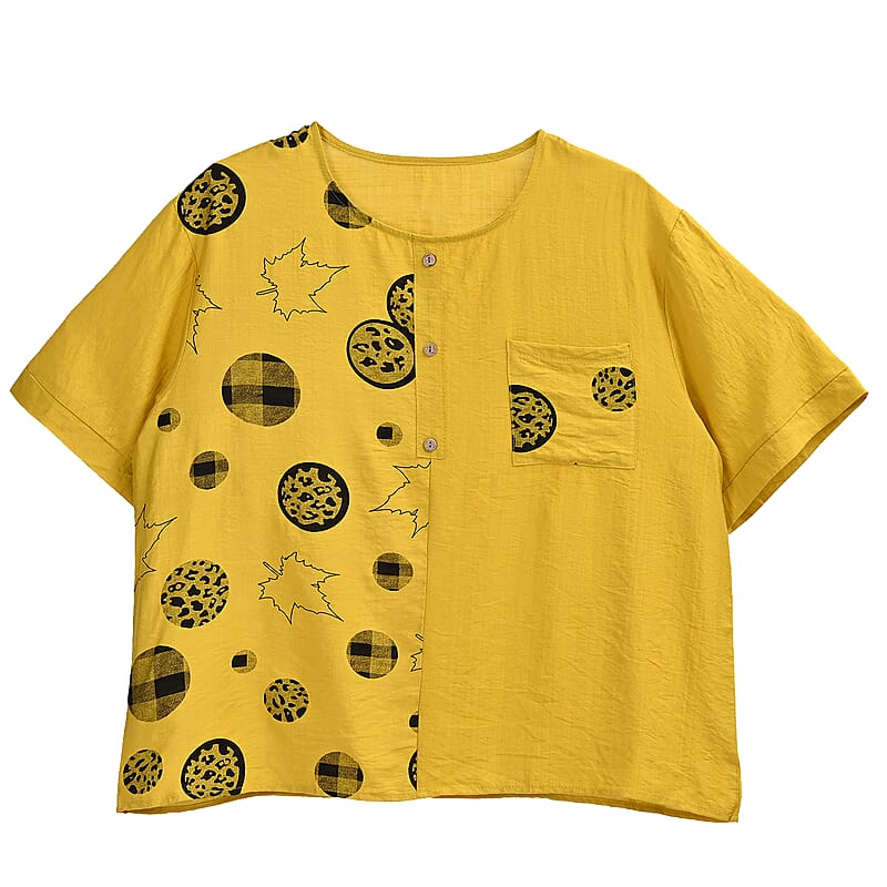 Yellow Square Pattern Round Neck Top - One Size Fits Most