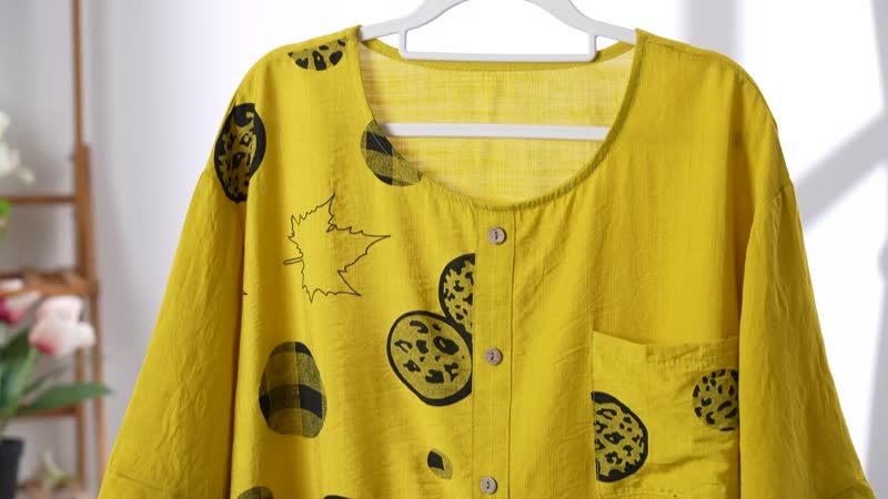 Yellow Square Pattern Round Neck Top - One Size Fits Most