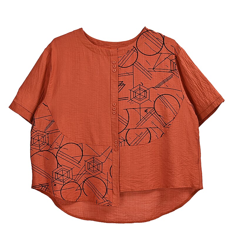 Orange Square Pattern Round Neck Top - One Size Fits Most