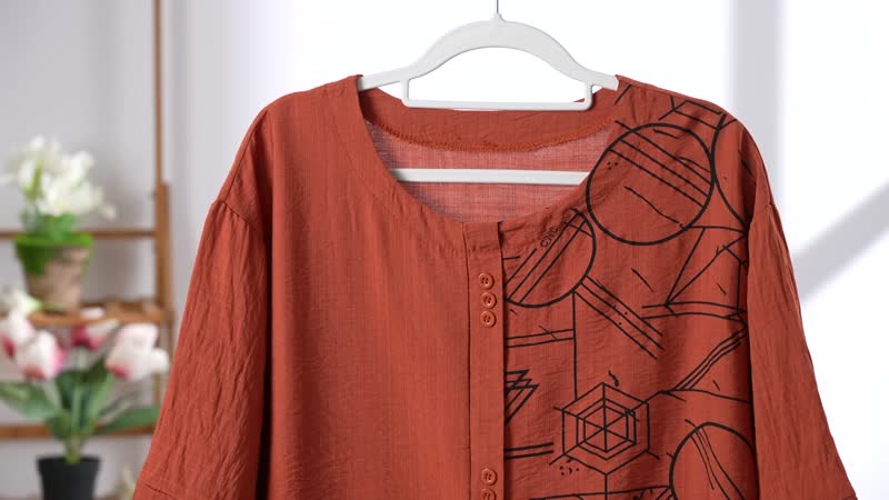 Orange Square Pattern Round Neck Top - One Size Fits Most