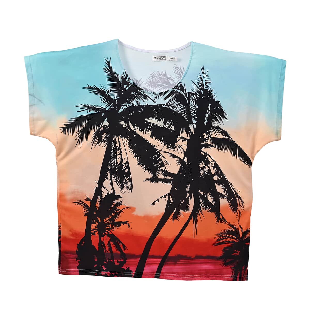 Tamsy Sunset and Coconut Tree Knit Shirt with Canvas Bag - One Size Plus image number 1