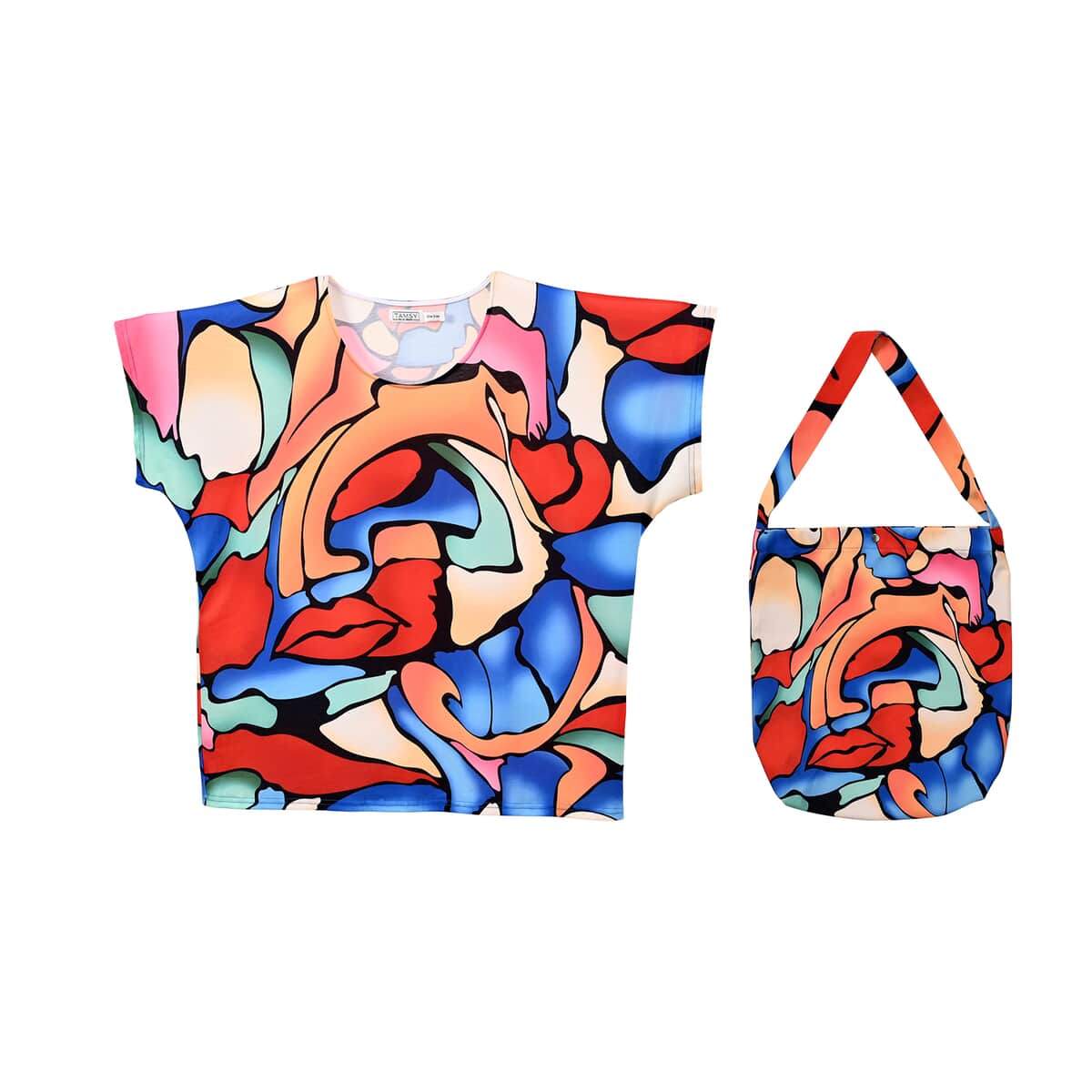 Tamsy Multi Colorful Abstract Pattern Knit Shirt with Canvas Bag - One Size Plus image number 0