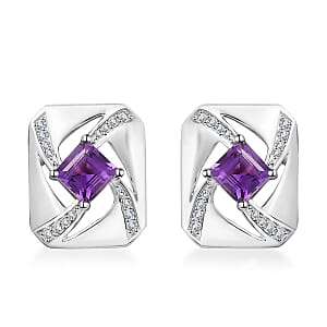 GP Art Deco Collection Premium Moroccan Amethys and White Zircon Stud Earrings in Rhodium Over Sterling Silver 1.70 ctw