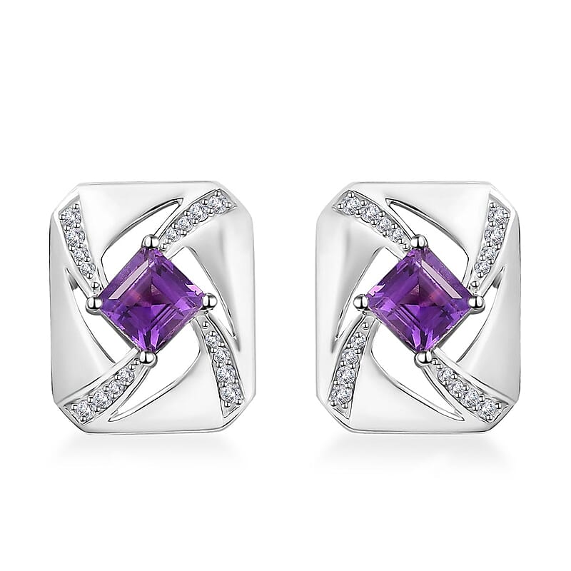 GP Art Deco Collection Premium Moroccan Amethys and White Zircon Stud Earrings in Rhodium Over Sterling Silver 1.70 ctw