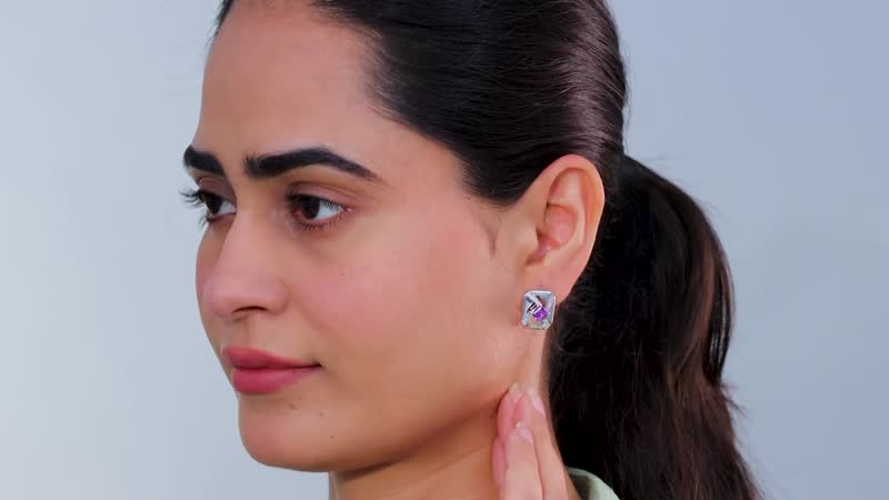 GP Art Deco Collection Premium Moroccan Amethys and White Zircon Stud Earrings in Rhodium Over Sterling Silver 1.70 ctw