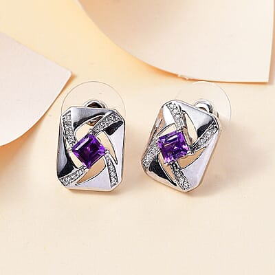 GP Art Deco Collection Premium Moroccan Amethys and White Zircon Stud Earrings in Rhodium Over Sterling Silver 1.70 ctw