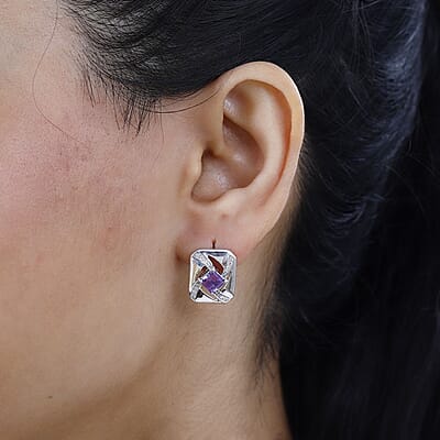 GP Art Deco Collection Premium Moroccan Amethys and White Zircon Stud Earrings in Rhodium Over Sterling Silver 1.70 ctw