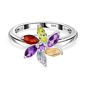 Multi Gemstone 0.99 ctw Floral Ring in Sterling Silver (Size 9)