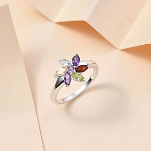 Multi Gemstone 0.99 ctw Floral Ring in Sterling Silver (Size 9)