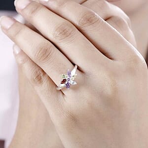 Multi Gemstone 0.99 ctw Floral Ring in Sterling Silver (Size 9)