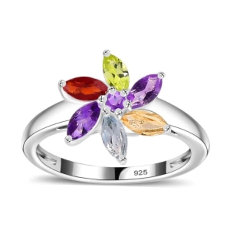Multi Gemstone 0.99 ctw Floral Ring in Sterling Silver (Size 9)