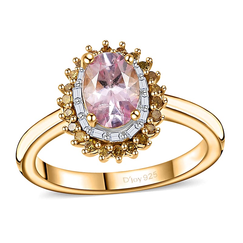 Narsipatnam Pink Spinel, Yellow and White Diamond Double Halo Ring in 18K Vermeil Yellow Gold Over Sterling Silver (Size 10.0) 1.10 ctw