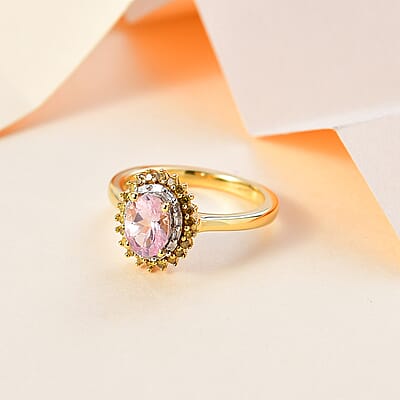 Narsipatnam Pink Spinel, Yellow and White Diamond Double Halo Ring in 18K Vermeil Yellow Gold Over Sterling Silver (Size 10.0) 1.10 ctw