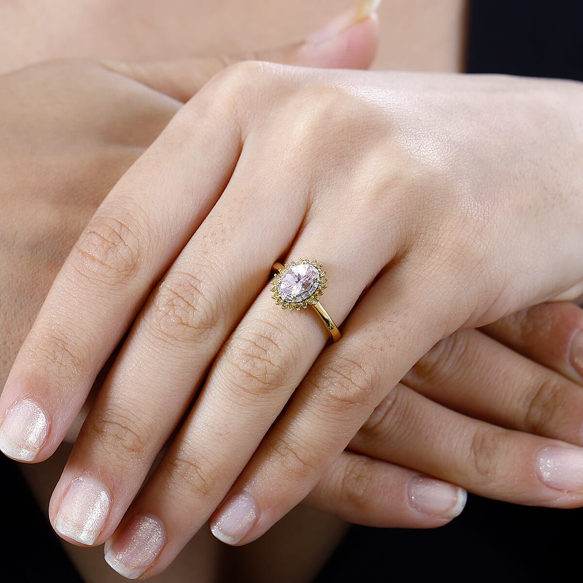 Narsipatnam Pink Spinel, Yellow and White Diamond Double Halo Ring in 18K Vermeil Yellow Gold Over Sterling Silver (Size 10.0) 1.10 ctw image number 2