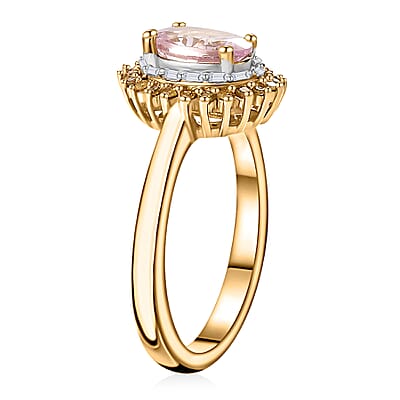 Narsipatnam Pink Spinel, Yellow and White Diamond Double Halo Ring in 18K Vermeil Yellow Gold Over Sterling Silver (Size 10.0) 1.10 ctw