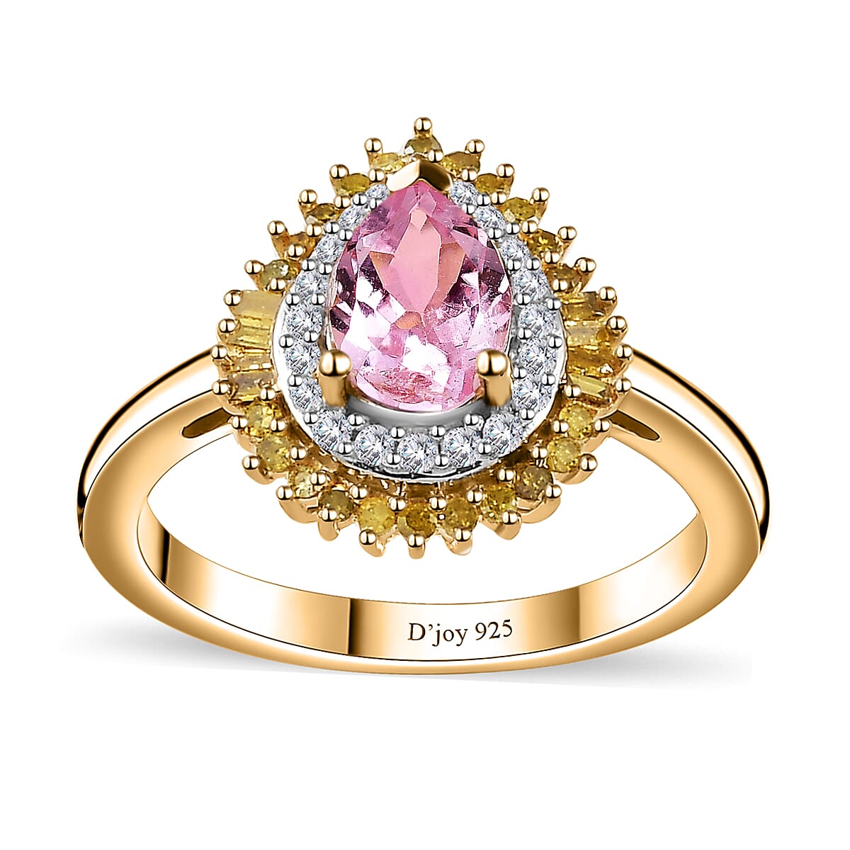 Narsipatnam Pink Spinel, Yellow and White Diamond Double Halo Ring in 18K Vermeil Yellow Gold Over Sterling Silver (Size 10.0) 1.00 ctw