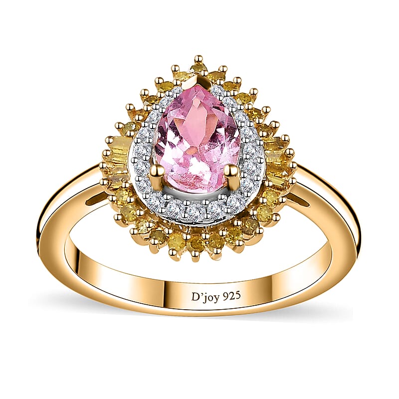 Narsipatnam Pink Spinel, Yellow and White Diamond Double Halo Ring in 18K Vermeil Yellow Gold Over Sterling Silver (Size 10.0) 1.00 ctw