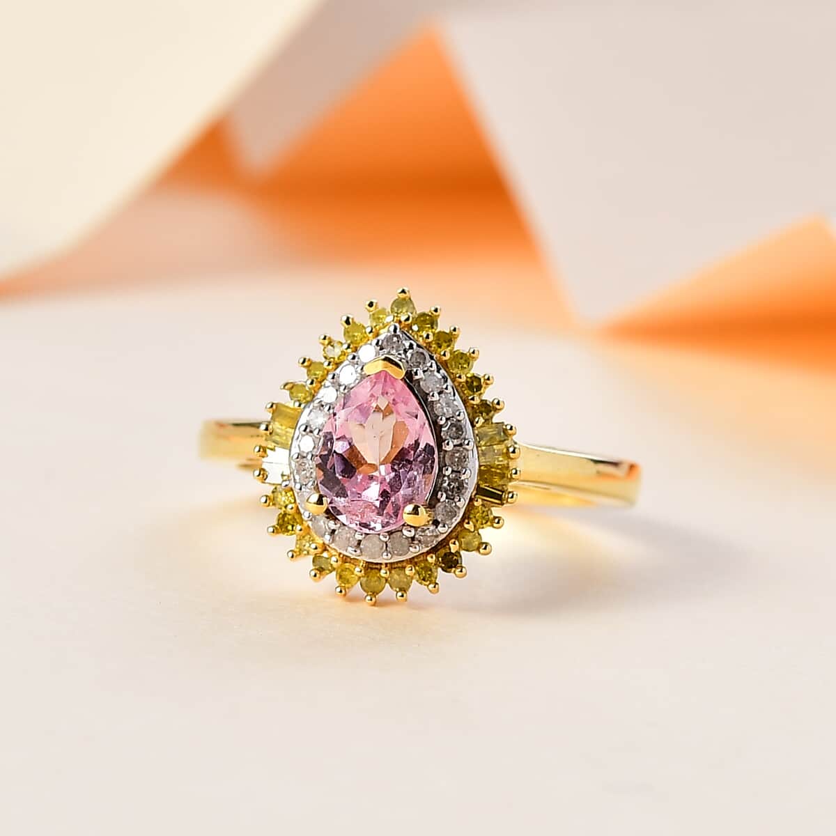 Narsipatnam Pink Spinel, Yellow and White Diamond Double Halo Ring in 18K Vermeil Yellow Gold Over Sterling Silver (Size 10.0) 1.00 ctw image number 1