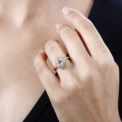 Narsipatnam Pink Spinel, Yellow and White Diamond Double Halo Ring in 18K Vermeil Yellow Gold Over Sterling Silver (Size 10.0) 1.00 ctw