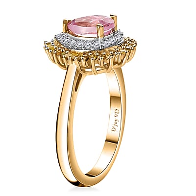 Narsipatnam Pink Spinel, Yellow and White Diamond Double Halo Ring in 18K Vermeil Yellow Gold Over Sterling Silver (Size 10.0) 1.00 ctw