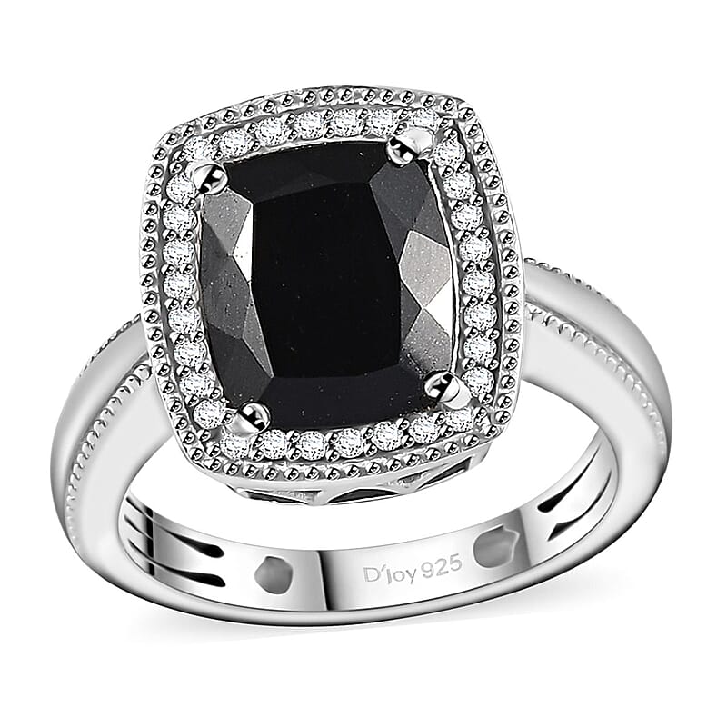 California Black Jade and White Zircon Ring in Rhodium Over Sterling Silver (Size 10.0) 3.20 ctw