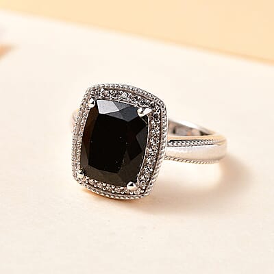 California Black Jade and White Zircon Ring in Rhodium Over Sterling Silver (Size 10.0) 3.20 ctw