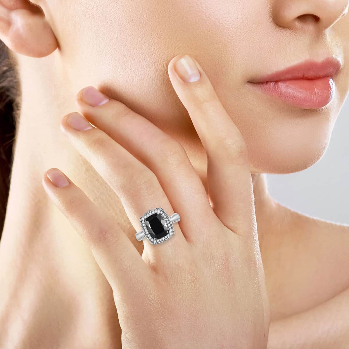 California Black Jade and White Zircon Ring in Rhodium Over Sterling Silver (Size 10.0) 3.20 ctw image number 2