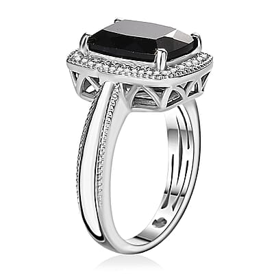California Black Jade and White Zircon Ring in Rhodium Over Sterling Silver (Size 10.0) 3.20 ctw
