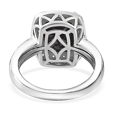 California Black Jade and White Zircon Ring in Rhodium Over Sterling Silver (Size 10.0) 3.20 ctw