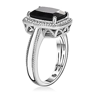 California Black Jade and White Zircon Ring in Rhodium Over Sterling Silver (Size 8.0) 3.20 ctw