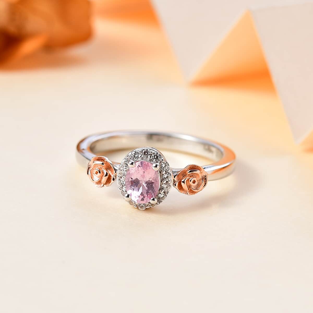 Premium Narsipatnam Pink Spinel and White Zircon Rose Flower Ring in 18K Vermeil RG and Rhodium Over Sterling Silver (Size 10.0) 0.50 ctw image number 1
