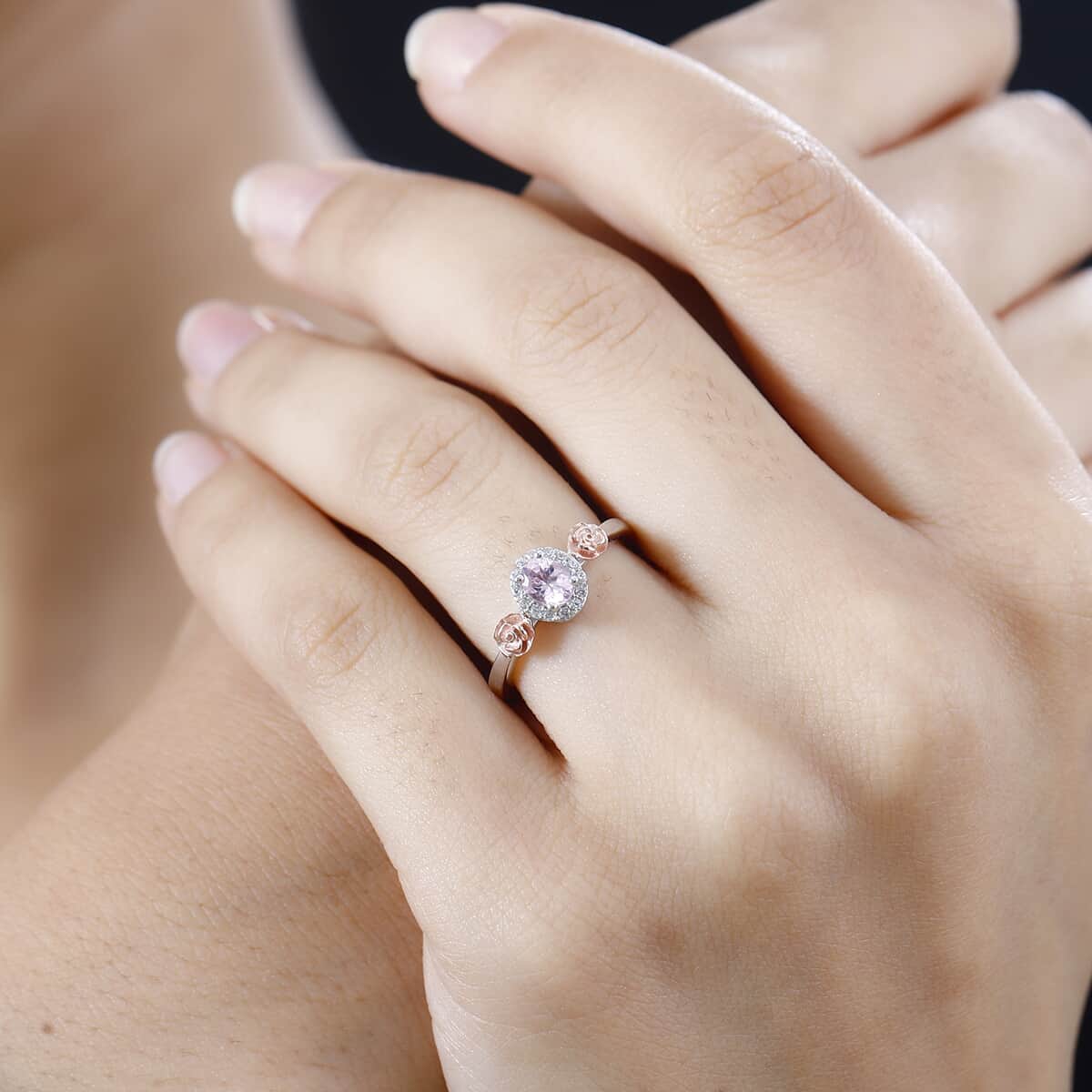 Premium Narsipatnam Pink Spinel and White Zircon Rose Flower Ring in 18K Vermeil RG and Rhodium Over Sterling Silver (Size 10.0) 0.50 ctw image number 2