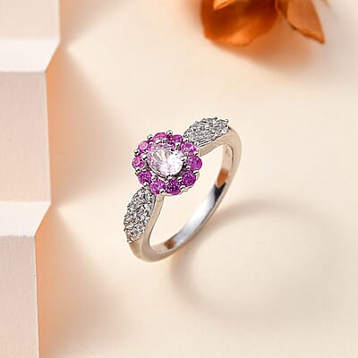 D'Joy Narsipatnam Pink Spinel and Multi Gemstone Ring in Rhodium Over Sterling Silver (Size 10.0) 1.10 ctw