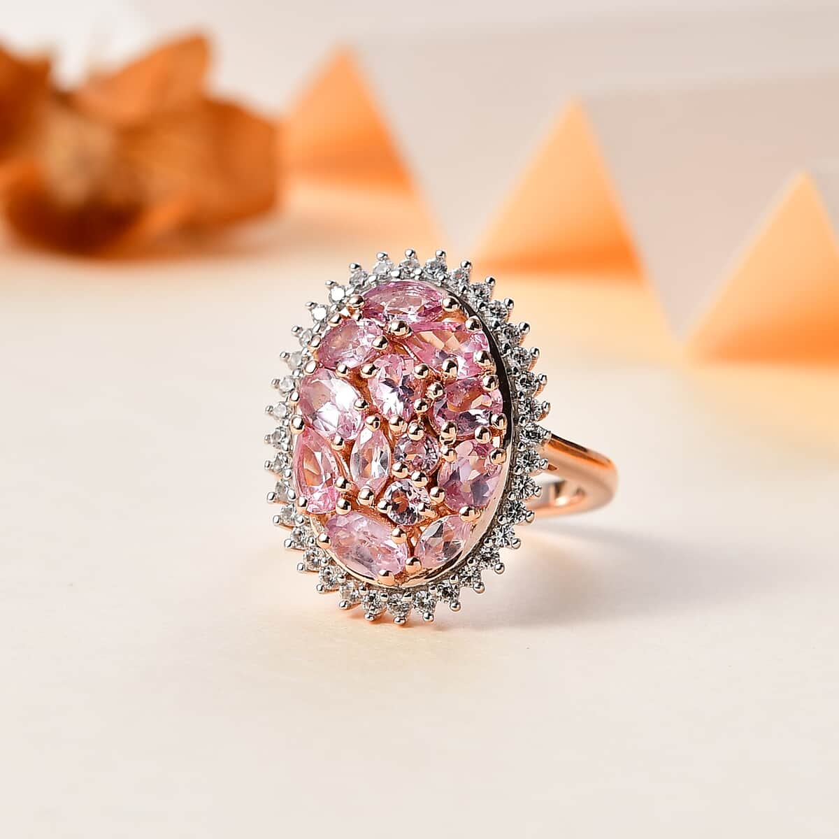 Narsipatnam Pink Spinel and White Zircon Cluster Ring in 18K Vermeil Rose Gold Over Sterling Silver (Size 10.0) 2.60 ctw image number 1