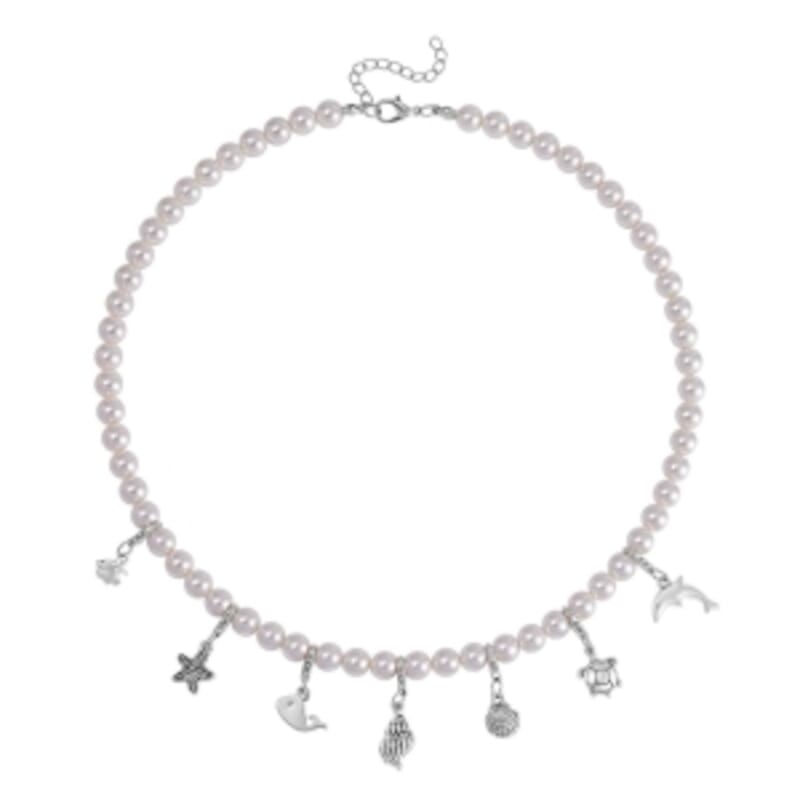 White Shell Pearl Necklace in Black Silvertone 20 Inches