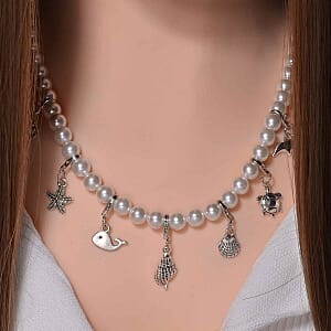White Shell Pearl Necklace in Black Silvertone 20 Inches