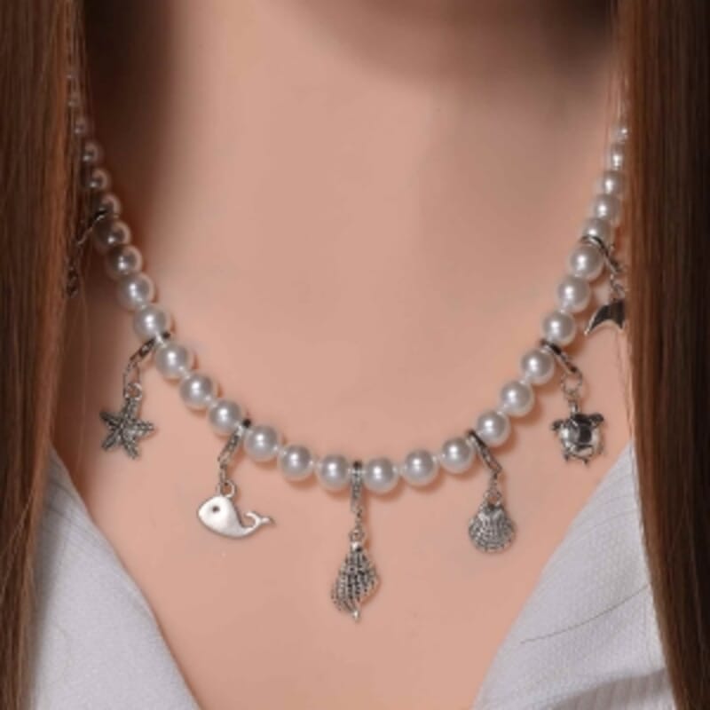 White Shell Pearl Necklace in Black Silvertone 20 Inches