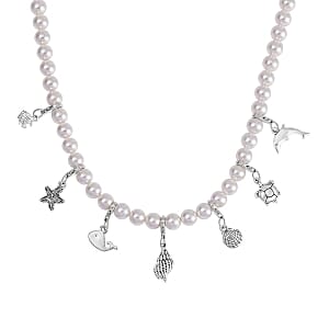 White Shell Pearl Necklace in Black Silvertone 20 Inches