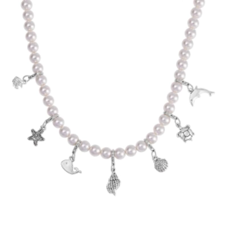 White Shell Pearl Necklace in Black Silvertone 20 Inches
