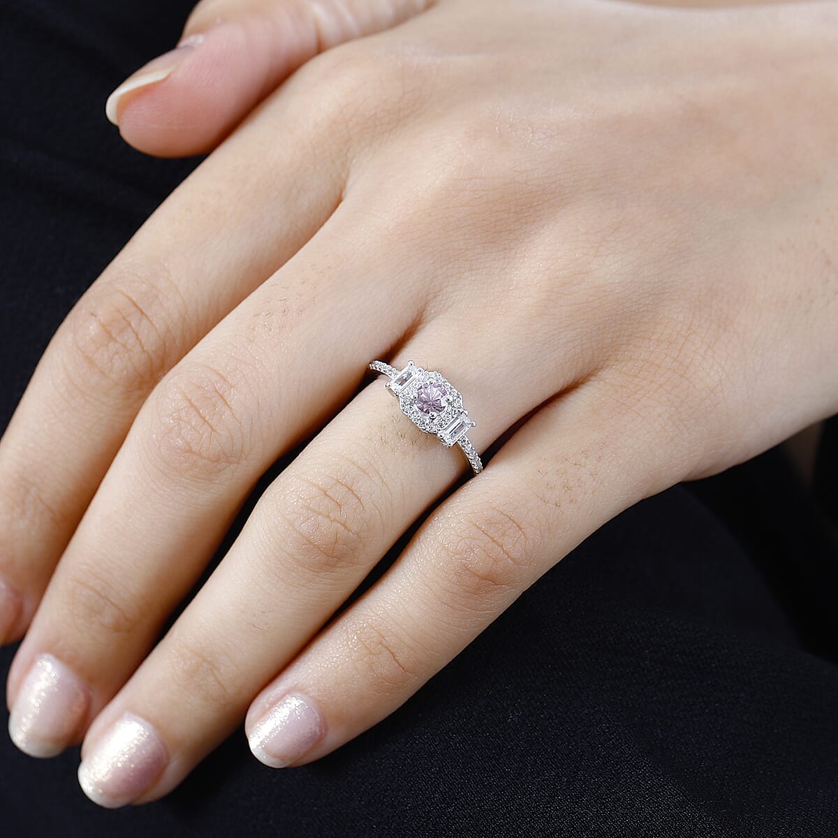 Narsipatnam Pink Spinel and White Zircon Ring in Rhodium Over Sterling Silver (Size 10.0) 0.85 ctw image number 2